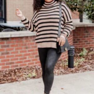 Pink Lily Boutique | KEEP ON SHINING BLACK AND TAN STRIPED TURTLENECK SWEATER